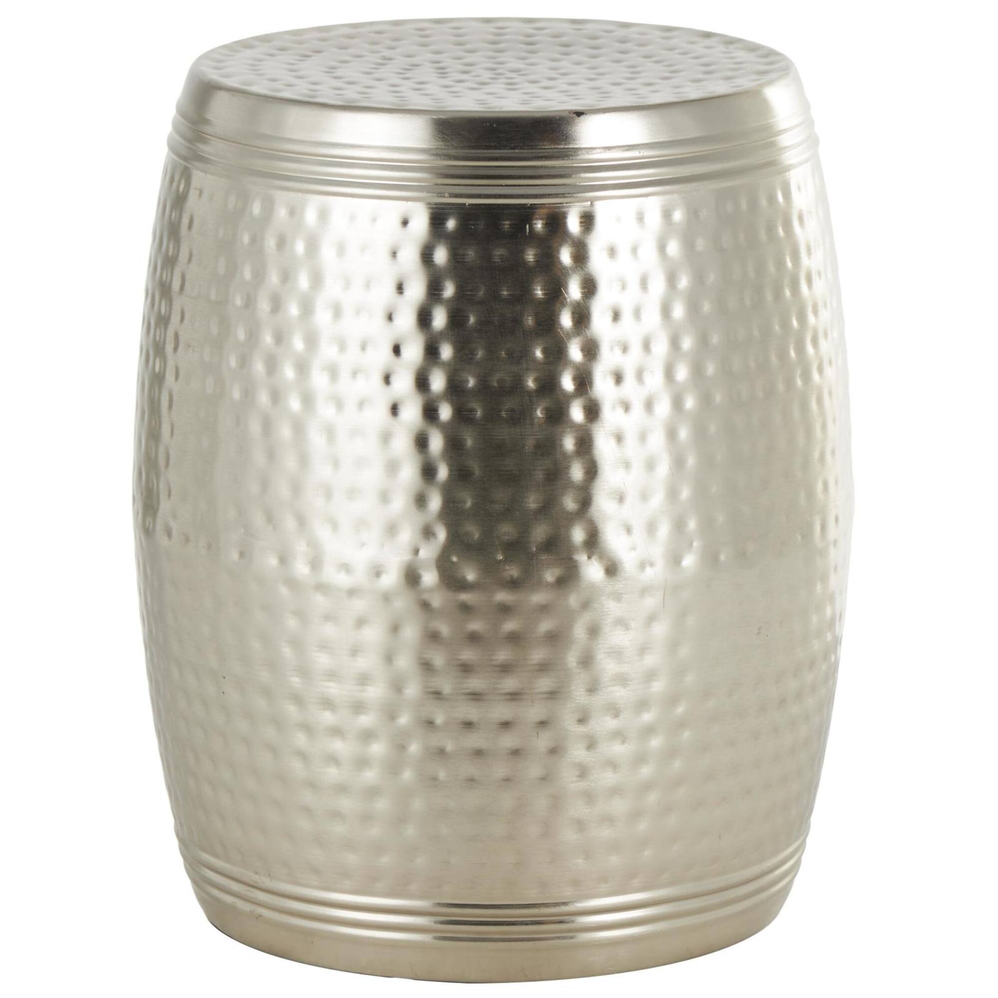 19" Silver Metal Handmade Hammered Drum Accent Table with Hammered Design